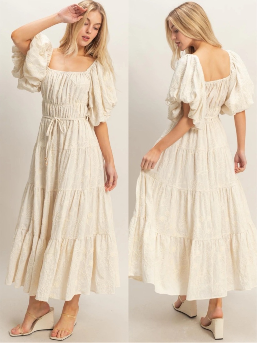 NEW HYFVE Cream Floral Puff Sleeve Maxi Dress Size Large Smocked Waist Tiered